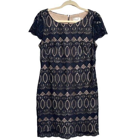 Eliza J Nude Illusion Lace Overlay Sheath Dress Wedding Guest Cocktail Size 8 - Picture 6 of 16